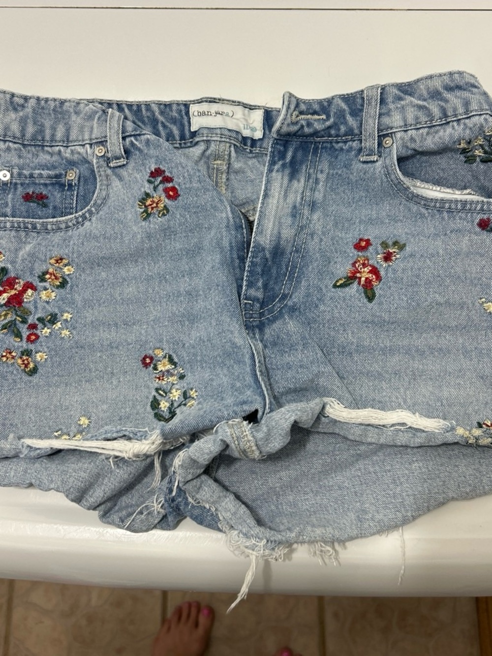 Embroidered Light Blue Denim Shorts with Frayed Hem